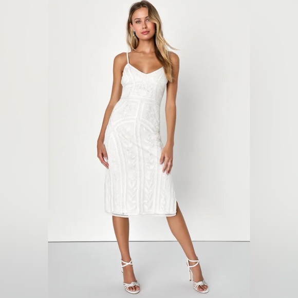 Lulus Dresses & Skirts - NWT lulus White Sequin Embroidered Side Slit Midi Dress Large